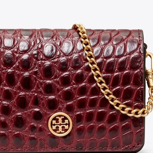 New ToryBurch Crossbody Mini . WalletOn Chain Crocodile Leather Bordeaux